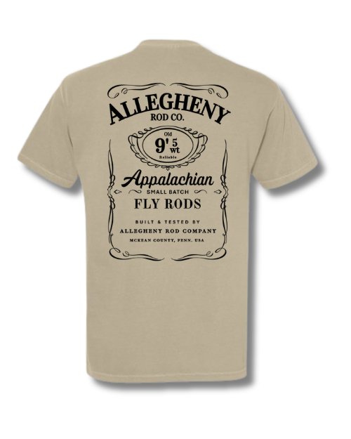 "Small Batch Fly Rod" Whiskey Bottle T-Shirt - Khaki