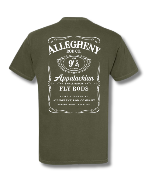 "Small Batch Fly Rod" Whiskey Bottle T-Shirt - Sage